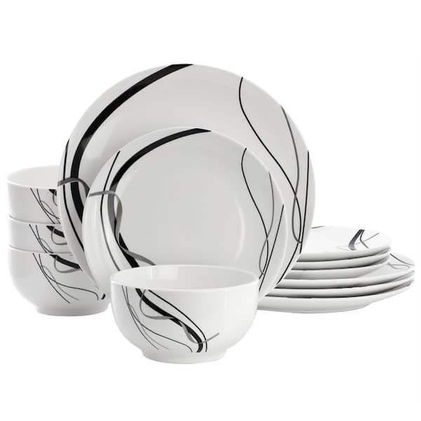 Sarah 12-Piece Porcelain Black Ribbon Dinnerware Set, Service for 4 in White and Black