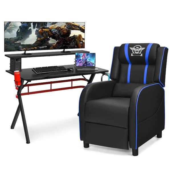 Gaming Desk and Blue Footrest Reclining Gaming Chair Set - Cup Holder