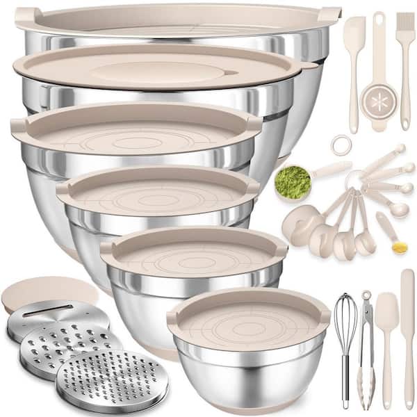 26Pcs Khaki Mixing Bowls with Airtight Lids, Stainless Steel Bowls Set, 3 Grater Attachments and Non-Slip Bottoms Size