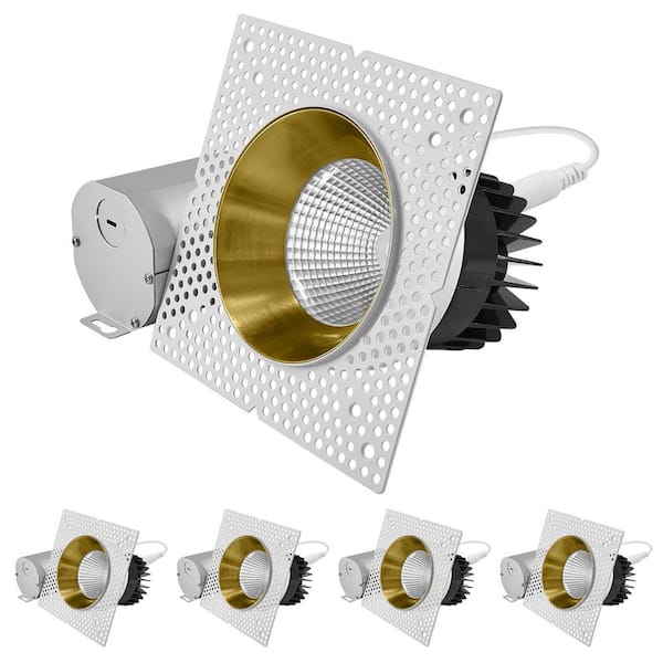 4 In. Integrated LED Trimless Recessed Light with Brass Trim, 25W, 2000LM, 5CCT, 60°, Dimmable, White + Brass 4 Pack