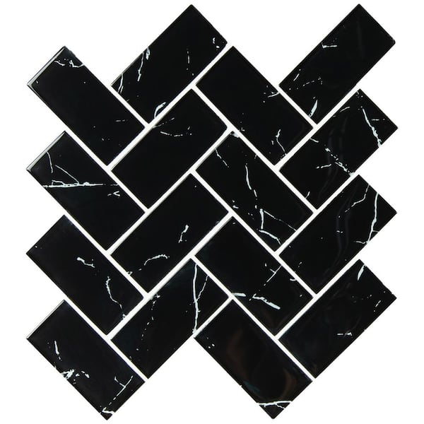 MSI Nero Marquina 11.81 in. x 11.61 in. x 8mm Herringbone Textured Glass Mesh-Mounted Mosaic Tile (0.95 sq. ft.)