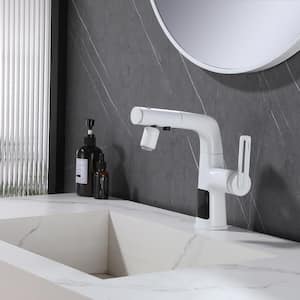 Multipurpose Single Handle Single Hole Bathroom Faucet with Pull-out Sprayer and Temperature Display Function in White