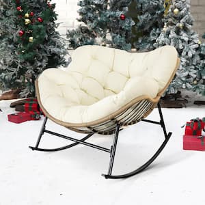 Oversized Beige PE Wicker Outdoor Rocking Chair Papasan Chair with Beige Cushion