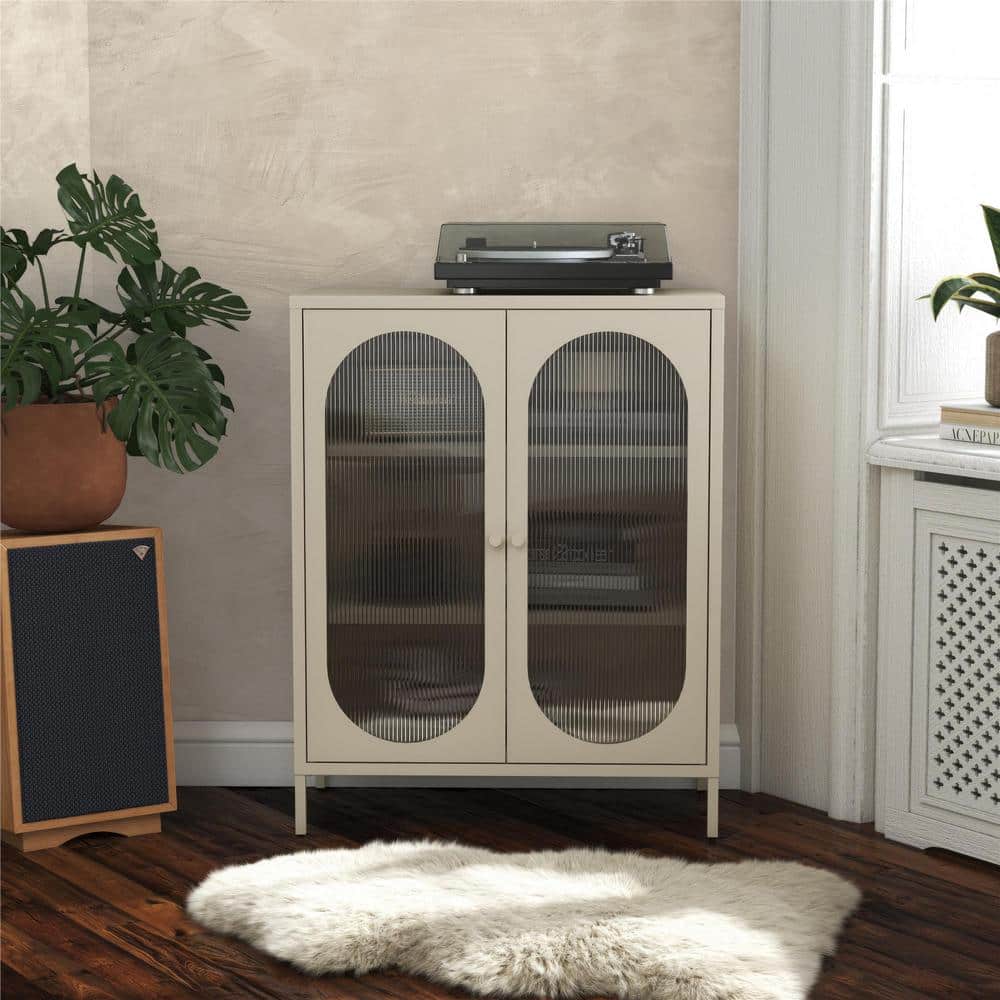Parchment Metal Accent Cabinet with Fluted Glass Doors