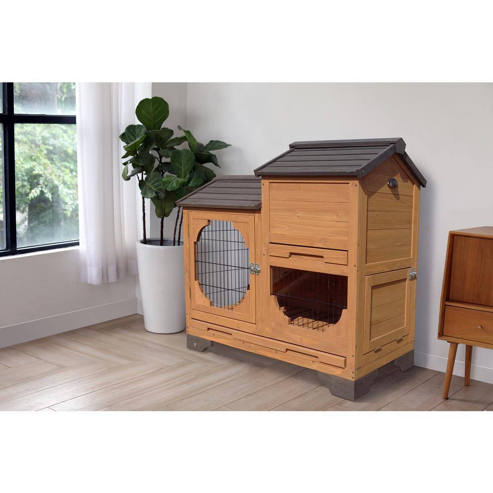 Victorian Style Solid Wood Outdoor Rabbit Hutch with Black Metal Cage