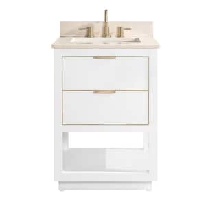 Allie 25 in. W x 22 in. D Bath Vanity in White with Gold Trim with Marble Vanity Top in Crema Marfil with White Basin
