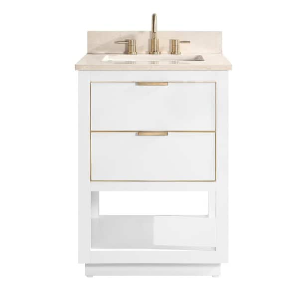 Allie 25 in. Single Sink White with Gold Trim Bath Vanity with Crema Marfil Marble Top