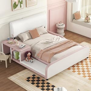 Pink and White Wood Frame Full PU Leather Upholstered Platform Bed with Lounge, Nightstand, Guardrail