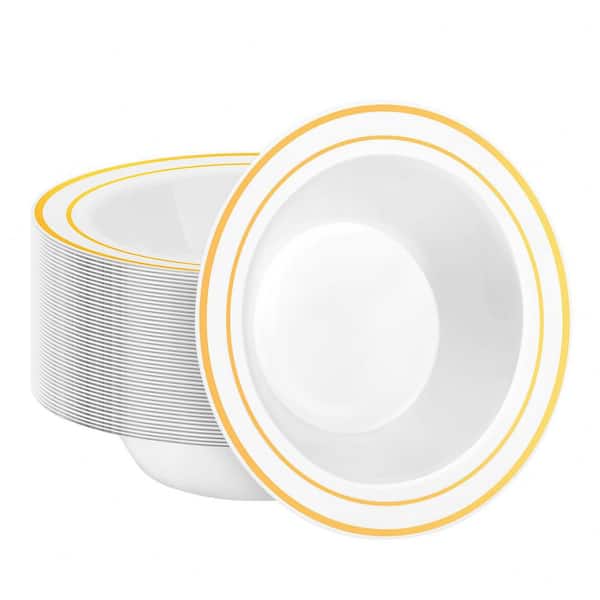 50 Pack Disposable Soup Bowls with Gold Rim, 12 oz Heavy-Duty Plastic Dinner Bowls