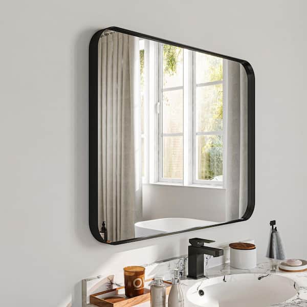 28 in. W x 36 in. H Rectangular Aluminum Framed Wall Bathroom Vanity Mirror in Black