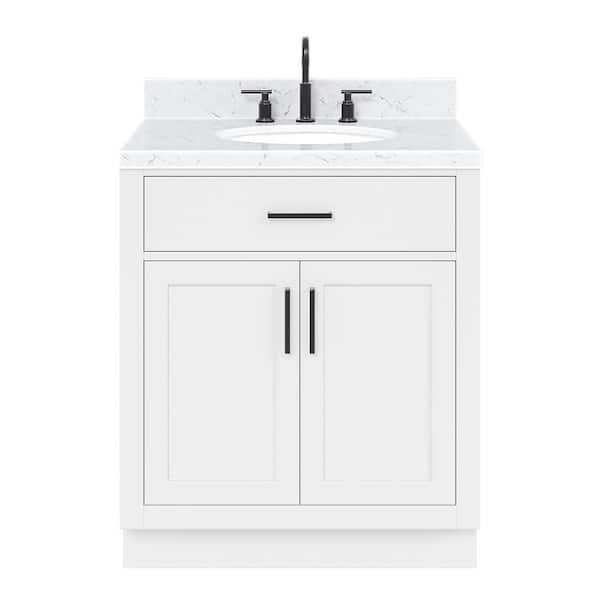 Hepburn 30 in. W x 22 in. D x 36 in. H Single Sink Freestanding Bath Vanity in White with Carrara Qt. Top