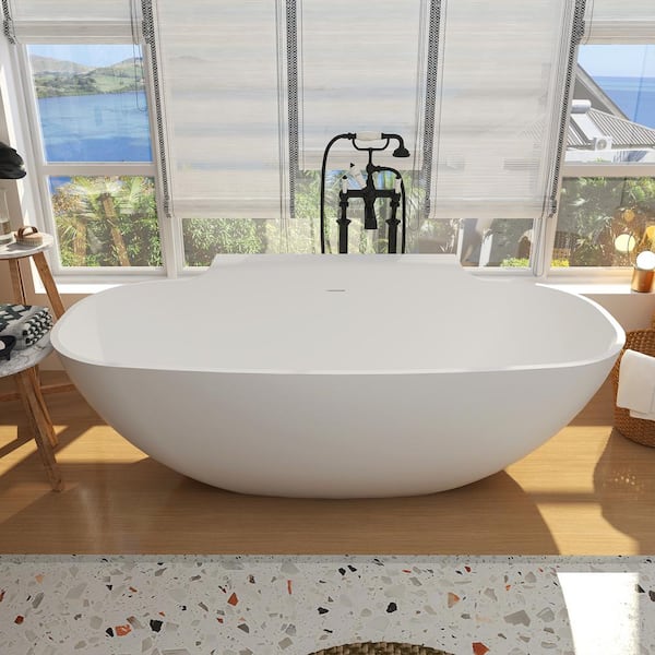 VANITYFUS 71 in. x 35 in. Stone Resin Flatbottom Solid Surface Freestanding Soaking Bathtub with Brass Drain and Storage in White