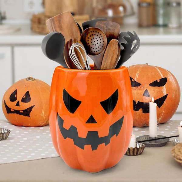 Orange Ceramic Pumpkin Utensil Holder with Large Capacity for Countertop Halloween Kitchen Indoor Decor