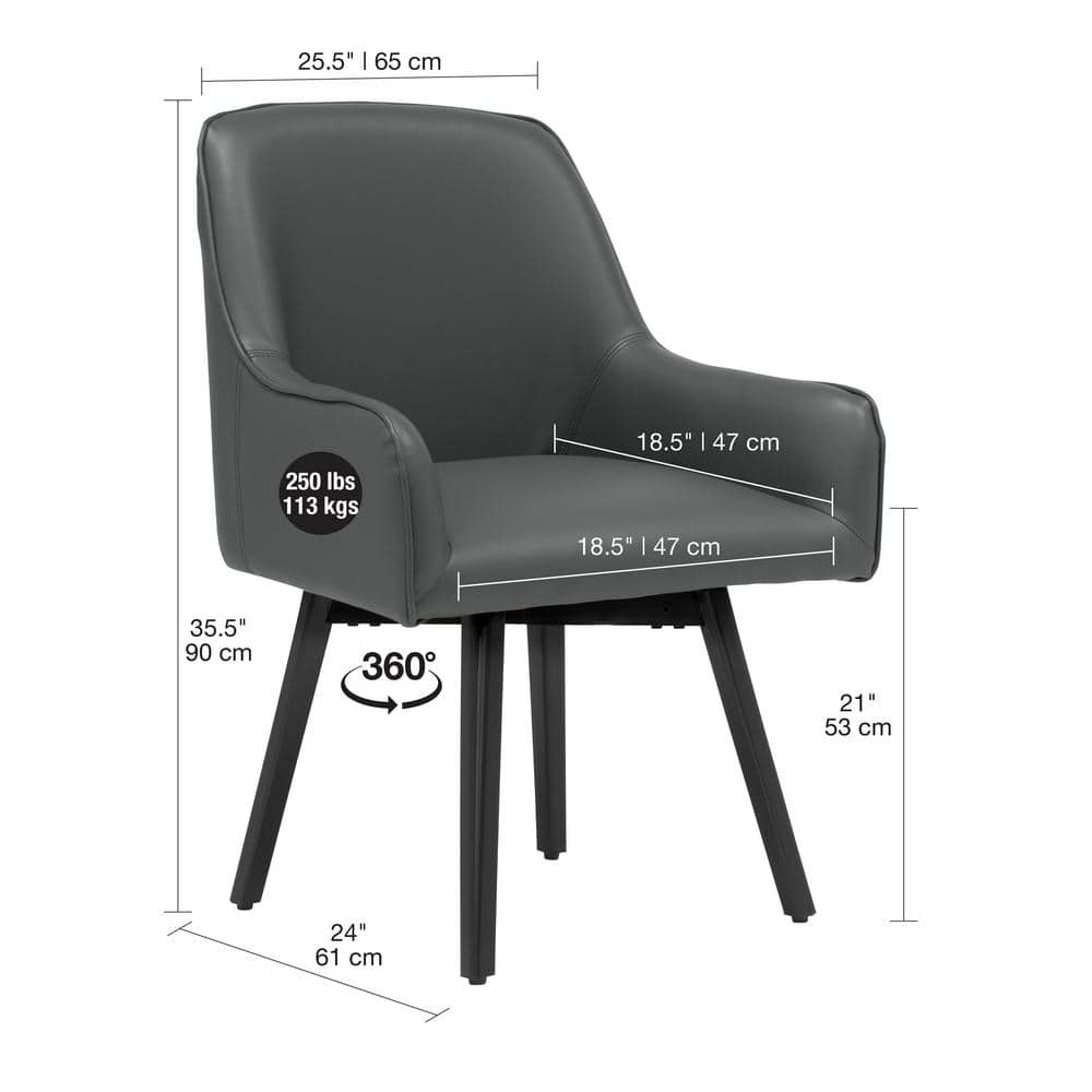Matte Black Leather Swivel Armchair with Metal Legs