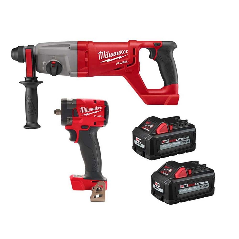 Milwaukee M18 FUEL 18-Volt Lithium-Ion Brushless Cordless in. SDS-Plus R  Hammer w/3/8 in. Impact Wrench w/Two Ah HO Batteries  2713-20-2854-20-48-11-1862 The Home Depot