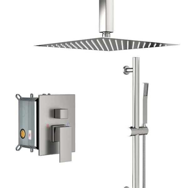 Unbranded Single Handle 1-Spray Ceiling Mount 16in. Shower Faucet 1.8 GPM with Pressure Balance in. Brushed Nickel(Valve Included)