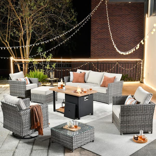 weaxty W Warner Gray 10-Piece Wicker Patio Fire Pit Conversation Set with Beige Cushions and Swivel Rocking Chairs