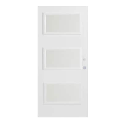 32 in. x 80 in. Dorothy Satin Opaque 3 Lite Painted White Left-Hand Inswing Steel Prehung Front Door