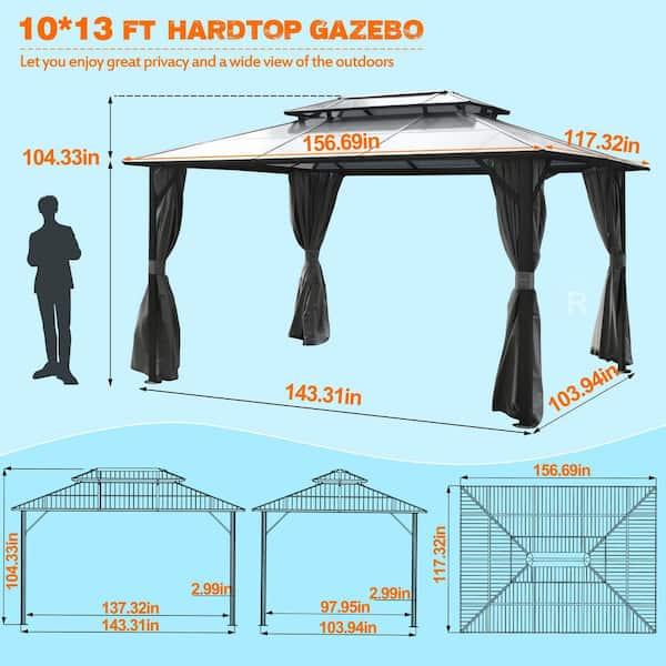 13 ft. x 10 ft. Polycarbonate Double Top Gazebo with Black Netting