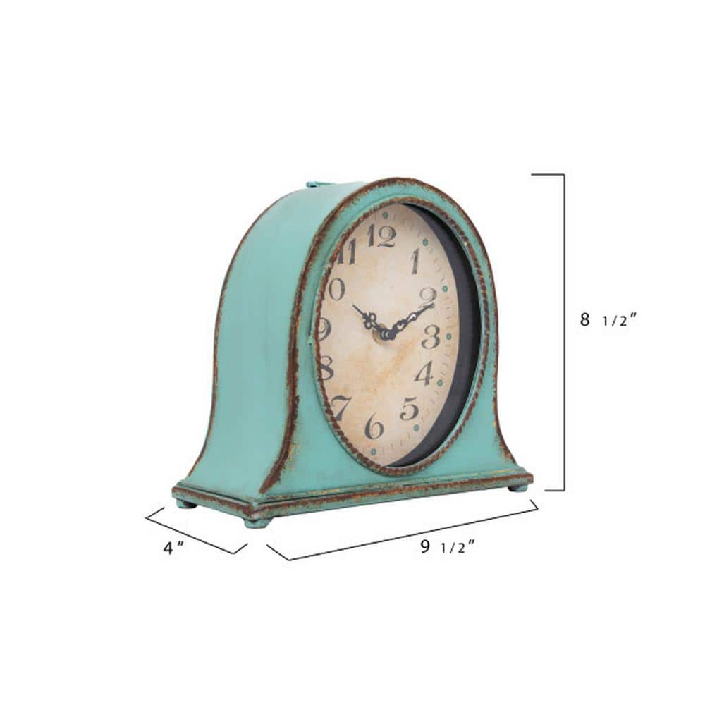 Distressed Aqua Metal Mantel Clock with Wooden Base