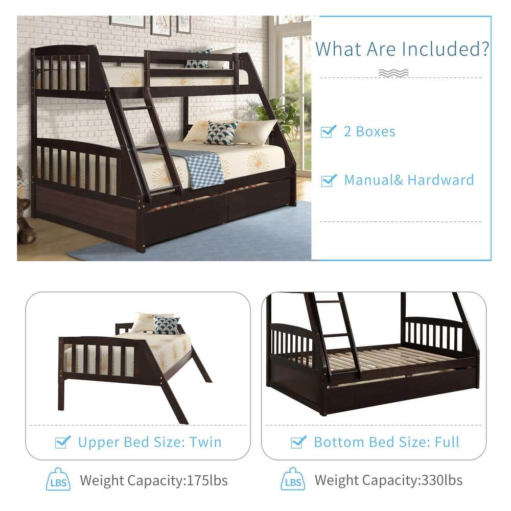 Harper & Bright Designs Espresso Solid Wood Twin Over Full Bunk Bed ...