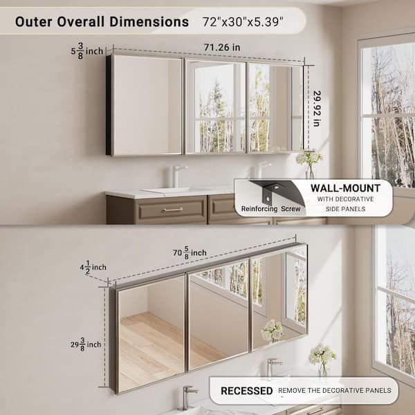 Musey 72 in W x 30 in H Brush Nickel Rectangular Aluminum Medicine Cabinet with Beveled Mirror, Recessed or Surface