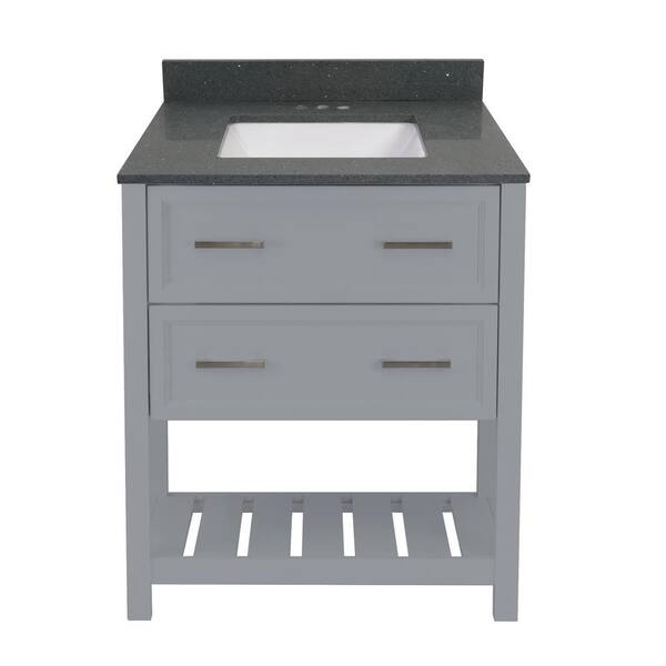 Amluxx Milan 31 in. W x 22 in. D Bath Vanity in Grey with Quartz Stone Vanity Top with Backsplash in Galaxy Gray