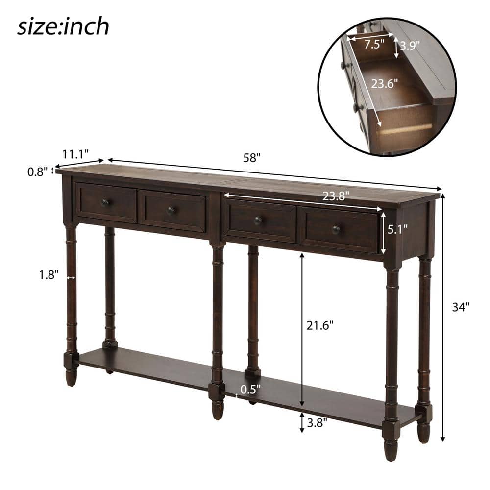Espresso Pine Wood Console Table with Drawers and Shelf