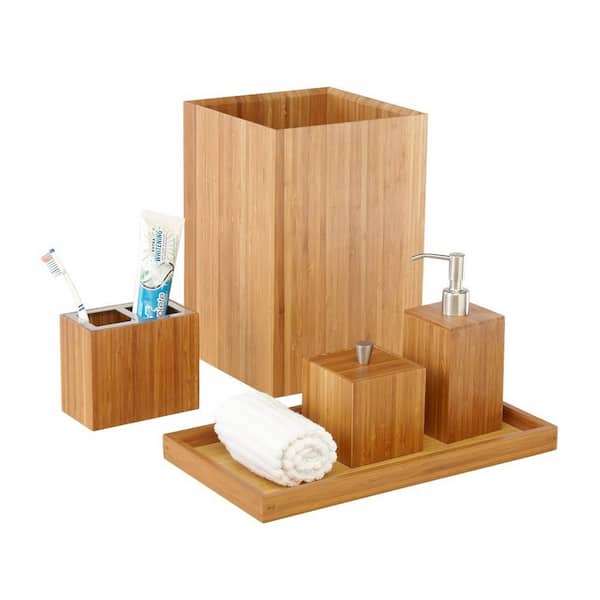 Seville Classics 5-Piece Bathroom Accessory Set with Pump Toothbrush, Cotton Swab, and Towel Holder in Bamboo BMB17136 - The Home Depot
