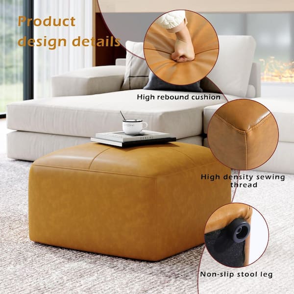 Uixe 22 in. Wide Mid-Century Brown Genuine Leather Square Ottoman