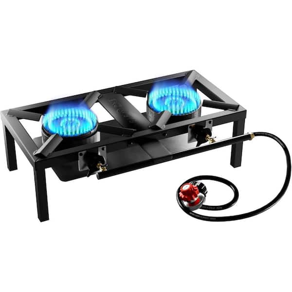 Portable Low-Profile Propane Double Burner Grill in Black with Heat Guard, Adjustable Knobs, & PSI Regulator