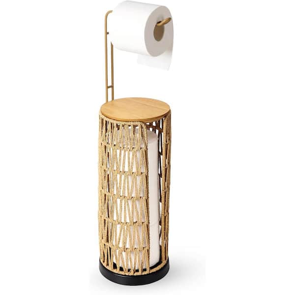Unbranded Freestanding Single Post Bath Toilet Paper Holder in Brown with Storage, Rattan and Metal