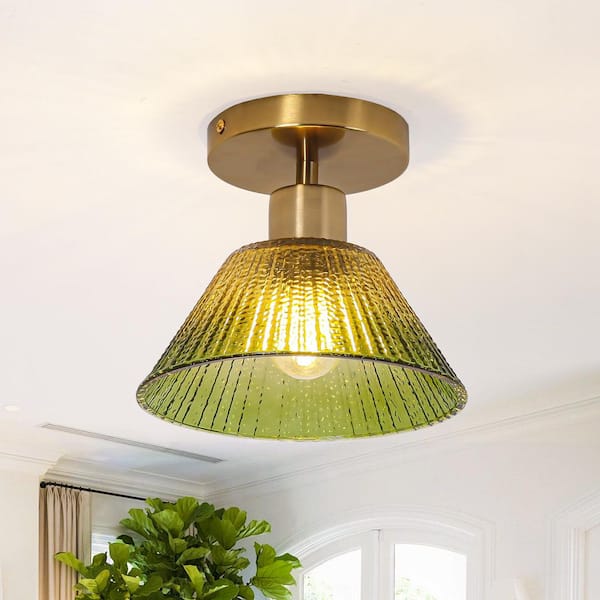 7.5 in. 1-Light Brass Semi-Flush Mount Ceiling Light with Tradient Green Glass Shade