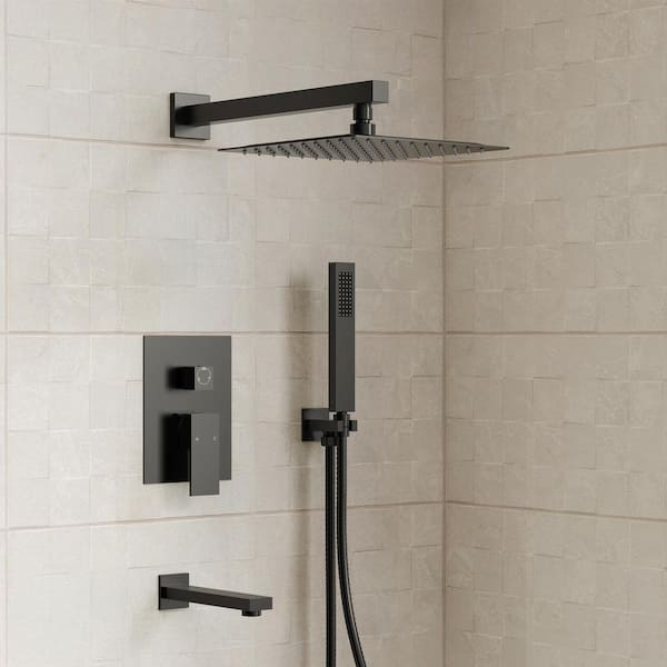 Pressure Balance Single Handle 3-Spray Wall Mount 10 in. Tub and Shower Faucet 2.5 GPM in. Matte Black Valve Included