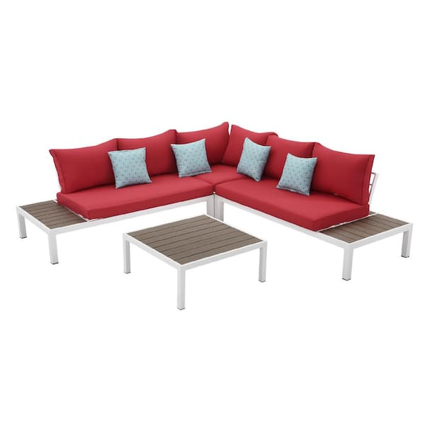 Afoxsos White Coated 4-Piece Aluminum Outdoor Sectional Seating Group with Red Cushions