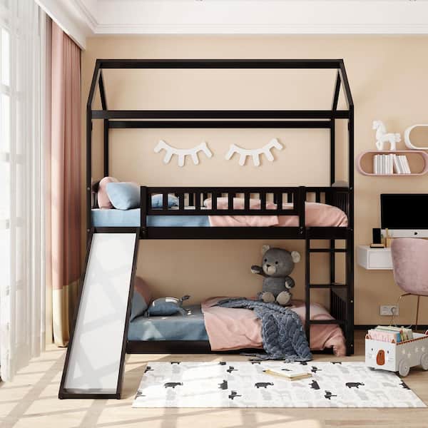 ANBAZAR Espresso Twin Wood House Bunk Beds with Slide, Floor Kid Playhouse Bunk Bed Frame