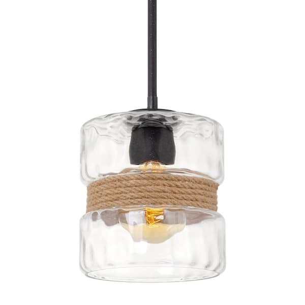 Kira Home Sage 60-Watt 1-Light Textured Black Modern Pendant Light with Clear Hammered Shade, No Bulb Included