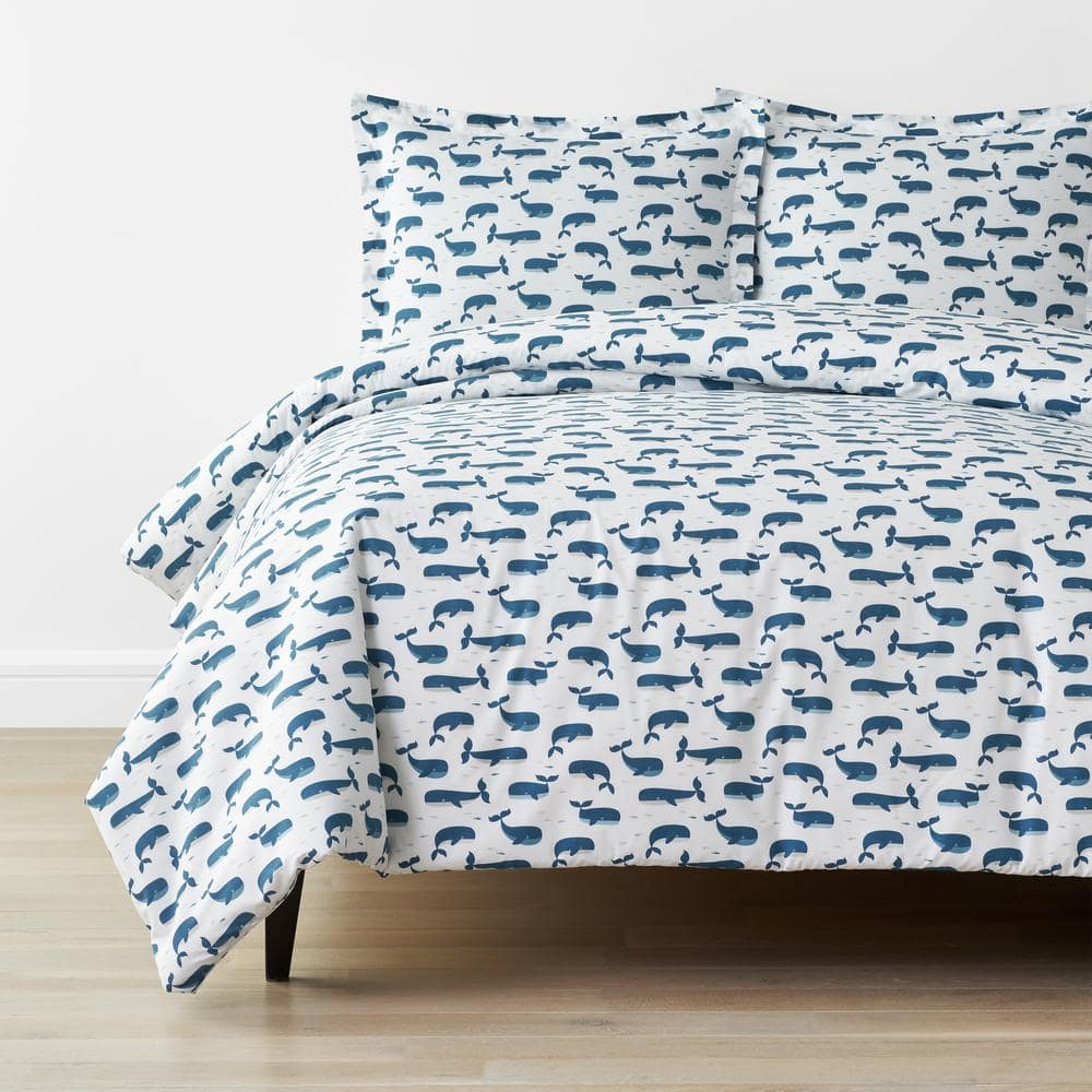 Company Kids Whale School Blue Multi Full Organic Cotton Percale Duvet Cover Set -  Company Kids by The Company Store, 38284D-F-BLUE-M