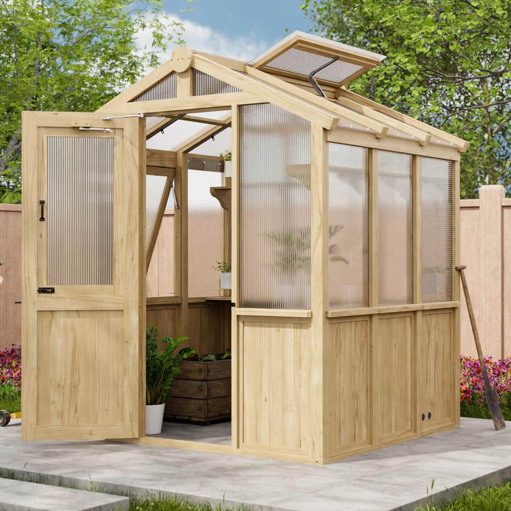 7x6 ft Beige Cedar and Polycarbonate Walk-In Greenhouse