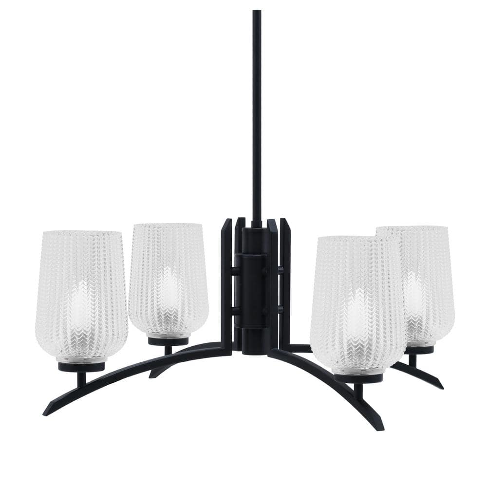 Siena 26.75 in. 4 Light Matte Black Chandelier with Clear Textured Glass Sh
