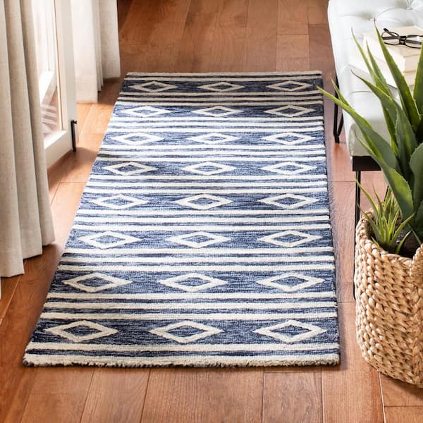 Micro-Loop Navy/Ivory 3 ft. x 9 ft. Striped Diamonds Runner Rug