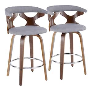 Gardenia 35 in. Light Grey Fabric & Walnut Wood High Back Counter Height Bar Stool with Round Chrome Footrest (Set of 2)