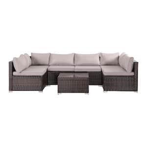 7-Piece Brown Rattan Wicker Outdoor Patio Sectional Sofa Set with Gray Cushions