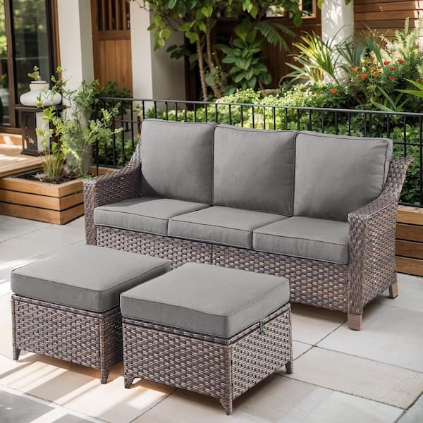 Opohoro SlideArm 3-Piece Brown Wicker Outdoor 3-Seat Sectional Couch Sofa with Gray Cushions and Ottomans
