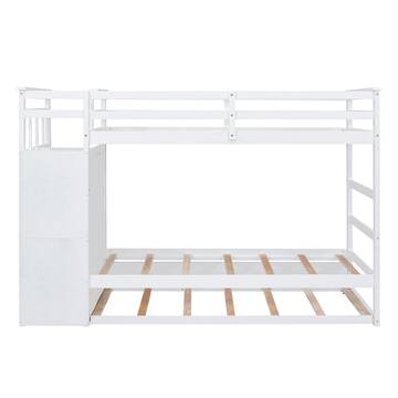 White Twin Over Twin Wood Bunk Bed with Trundle and Storage Staircase