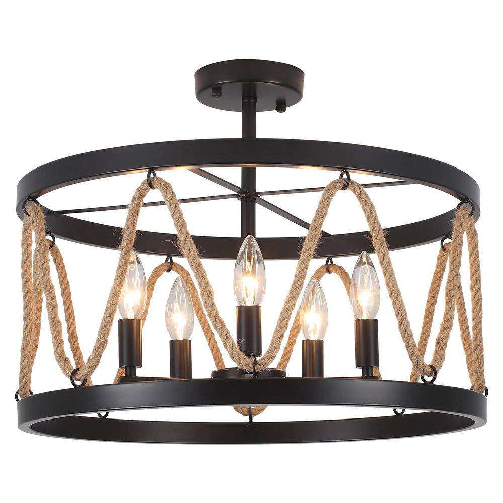 ADSENSTY 19.68 in. 5-Light Black Hemp Rope Semi- Flush Mount Light with ...