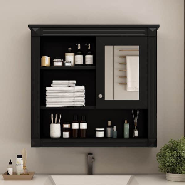 32 in. W x 28.7 in. H Black Rectangular Surface Mounted Medicine Medicine Cabinet with Mirror and Adjustable Shelves