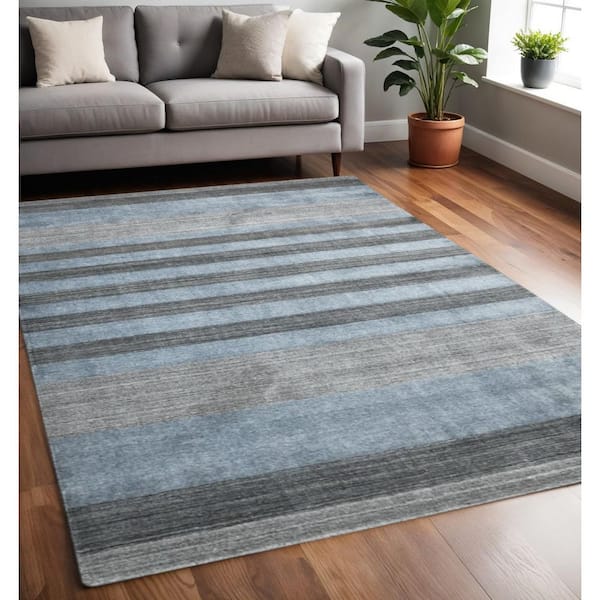5 ft. x 8 ft. Gray And Light Blue Wool Striped Hand Woven Area Rug