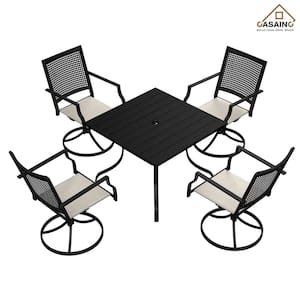 5-Piece Black Metal Outdoor Dining Set with Beige Cushions and Swivel Dining Chair