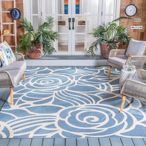 Courtyard Blue/Beige 8 ft. x 11 ft. Floral Indoor/Outdoor Patio  Area Rug